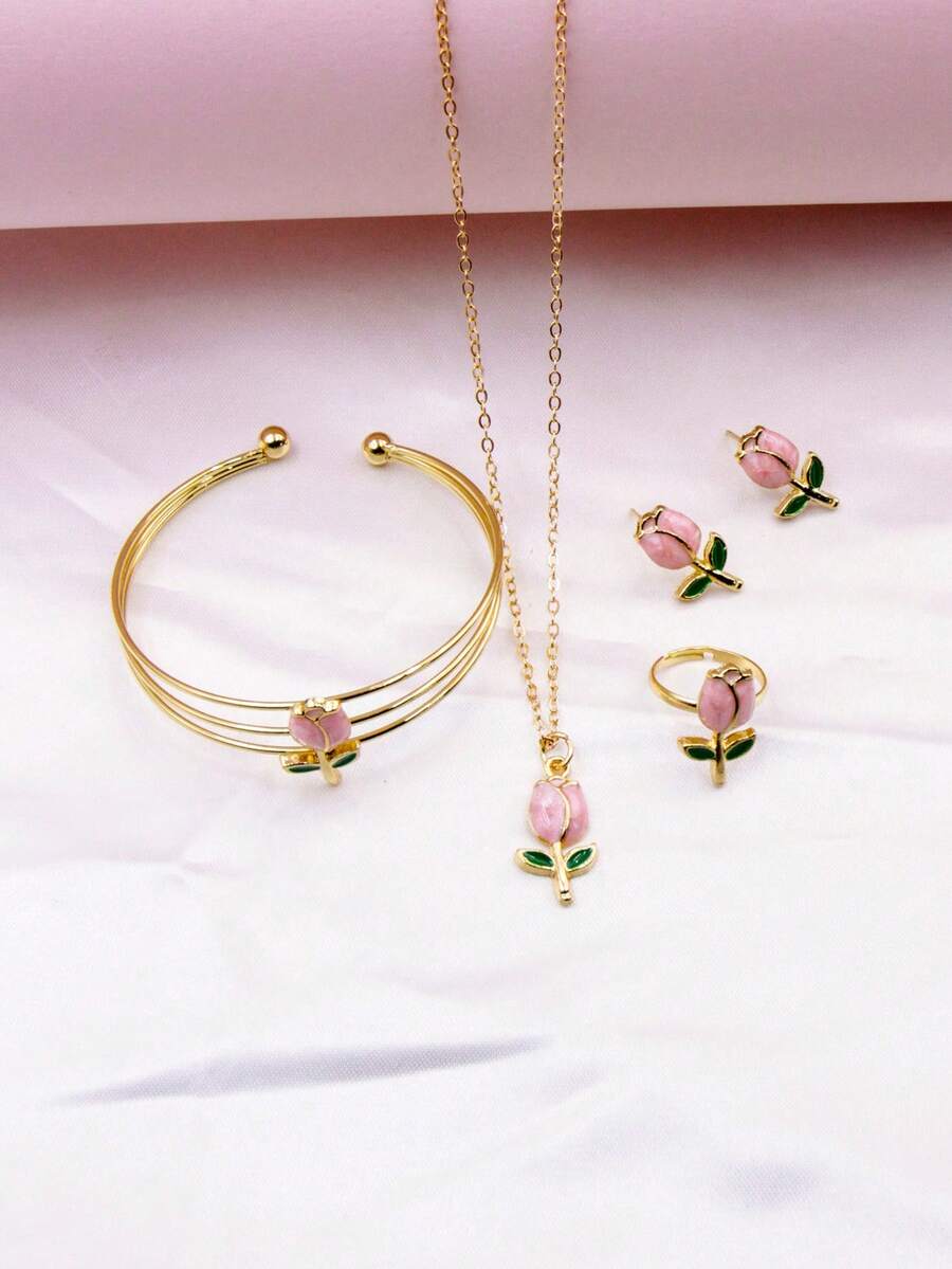 1 Set de joyería con colgante, pulsera, anillo y aretes con diseño de flor de gota de aceite, adecuado como regalo de vacaciones - Unitalla - Ver 1