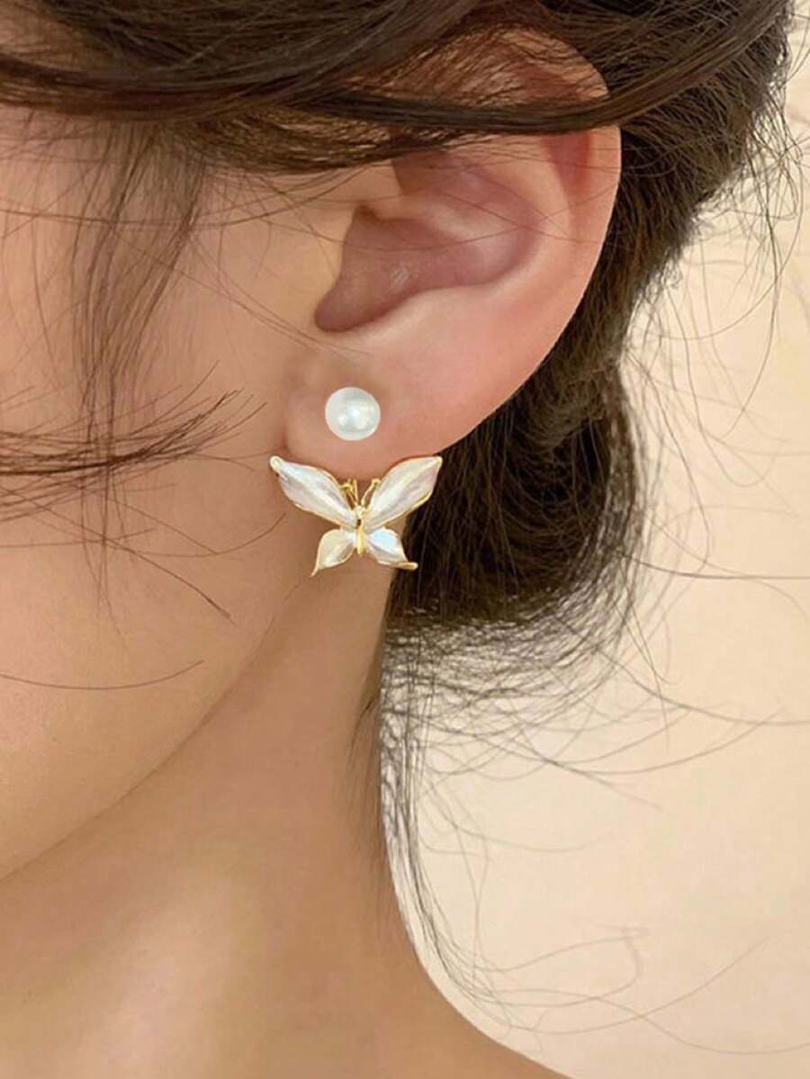 1 Đôi bông tai hình bướm và ngọc trai giả tối giản, thiết kế cá tính, phù hợp cho phụ nữ đeo hàng ngày và trong các dịp lễ. - trắng - Xem 1