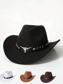 1 Sombrero de vaquero estilo occidental de poliéster para hombres, sombrero de estilo vintage, decoración con forma de toro, adecuado para uso casual diario, fiesta de vaqueros occidentales, bar de vaqueros (talla única) - multicolor - Ver 1