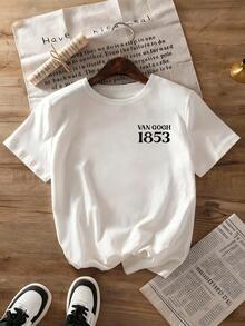 Camiseta casual para mujer, tributo a la obra maestra de Van Gogh "La noche estrellada" y patrón numérico de 1853, cómoda y versátil para primavera/verano, con cuello redondo y manga corta, estampada de manera elegante - Blanco - Ver 5