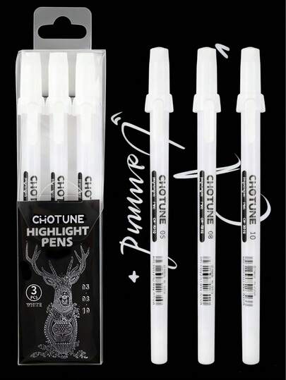 3pcs White Fluorescent Gel Pens, Smooth Writing, Suitable For Artists Highlighting, Painting And Crafting, 0.5/0.8/1.0mm Tip Sizes