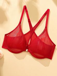 Wingslove 大码性感深V前扣文胸，钢圈无衬垫，透明交叉肩带露背设计，浪漫约会的完美之选 - 紅色 - 查看 7