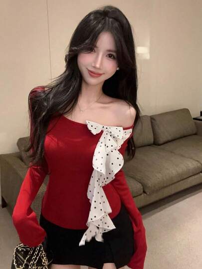 オフショルダー リボン 長袖 Tシャツ、スリムフィット、レッド、秋冬