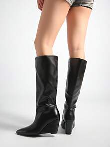 Fall/Winter 2025 Spring/Summer New European & American Pointed Toe Tall Boots Women, Slim Fit Straight Leg Shaft, Wedge Heel Riding Boots,Knee High Boots - Black - View 10