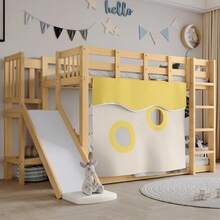 Wooden Bunk Bed With Ladder And Railing, With Curtain, Slide, Children's Bed With Fall Protection And Railing, MDF+Pine, White, 90x200cm - 自然色 - 查看 12