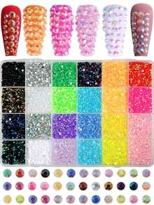 1盒什锦彩色ABS水钻，树脂扁平钻石，闪亮美甲装饰，适用于DIY手工和美甲配件，美甲用品，美甲宝石 - 彩色 - 查看 2