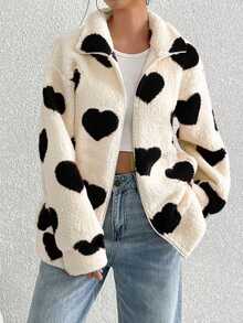 Autumn Winter New Women's Plush Jacket Plush Heart Print Loose Long Sleeve Zipper Cardigan Jacket - 黑色愛心 - 查看 1