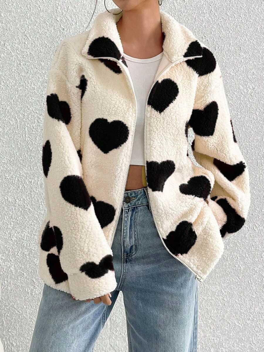 Autumn Winter New Women's Plush Jacket Plush Heart Print Loose Long Sleeve Zipper Cardigan Jacket - 黑色愛心 - 查看 1