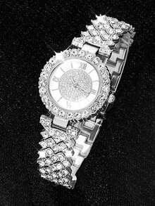 6pcs Set Rhinestone Gold Bangle & Quartz Watch Set, Chain Bracelet Watch For Women, Personalized Luxury Gift - Silver - View 3