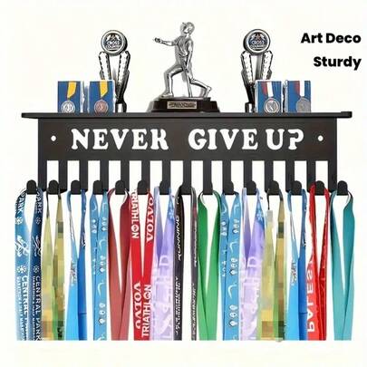 1pc Metal Wall-Mounted Medal Display Rack - Iron Art Deco Style With "Never Give Up" Motivational Sign, Multiple Hooks For Sports Awards, Ribbons & Certificates - Easy Assembly Home Wall Decor For Athletes & Achievements, Achievement Showcase, Inspirational Sign, Sturdy Construction, Trophy Holder, Fitness Enthusiasts