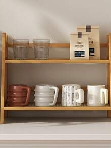 2-Tier Wooden Shelving Unit - Modern Vintage Cream Color, Trapezoidal Storage Rack For Dorms, Bedrooms, Offices, And Kitchens, Ideal For Coffee Mugs And More. - Apricot - View 10