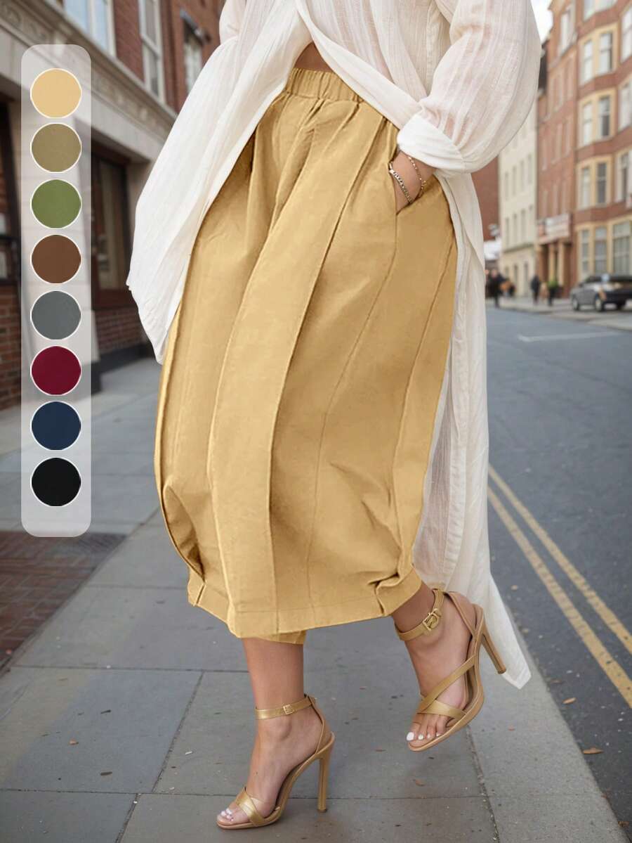 女士休闲卡其色阔腿裤，松紧腰带带口袋 - 时尚高品质宽松长裤，秋季女装 - 棕色 - 查看 1