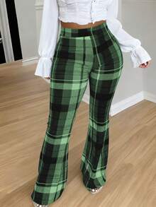 Thời trang nữ mới, kiểu dáng thường ngày, cỡ lớn, thanh lịch, họa tiết kẻ caro cổ điển, quần ống loe siêu ngắn, mùa xuân. - Màu xanh lá cây đậm - Xem 5