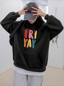 Sudadera con capucha de mujer 'Friday Cheers' con estampado de letras coloridas - Sudadera con capucha casual con cordón, mangas largas y bolsillos, adecuada para otoño e invierno, sudadera de uso casual |   Impresión de Letras Divertida |   Sudadera con capucha y cordón - Negro - Ver 2
