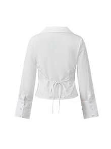 Women's Collared Shirts Fashionable Solid Color Long Sleeve Slim Fit Button Down Blouse - White - View 2