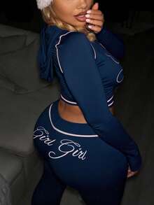 FQLWL Women's Casual Street Style Tracksuit, Printed Zip-Up Hoodie And Pants Set, Long Sleeve 2-Piece Outfit Spring - Navy Blue - View 4