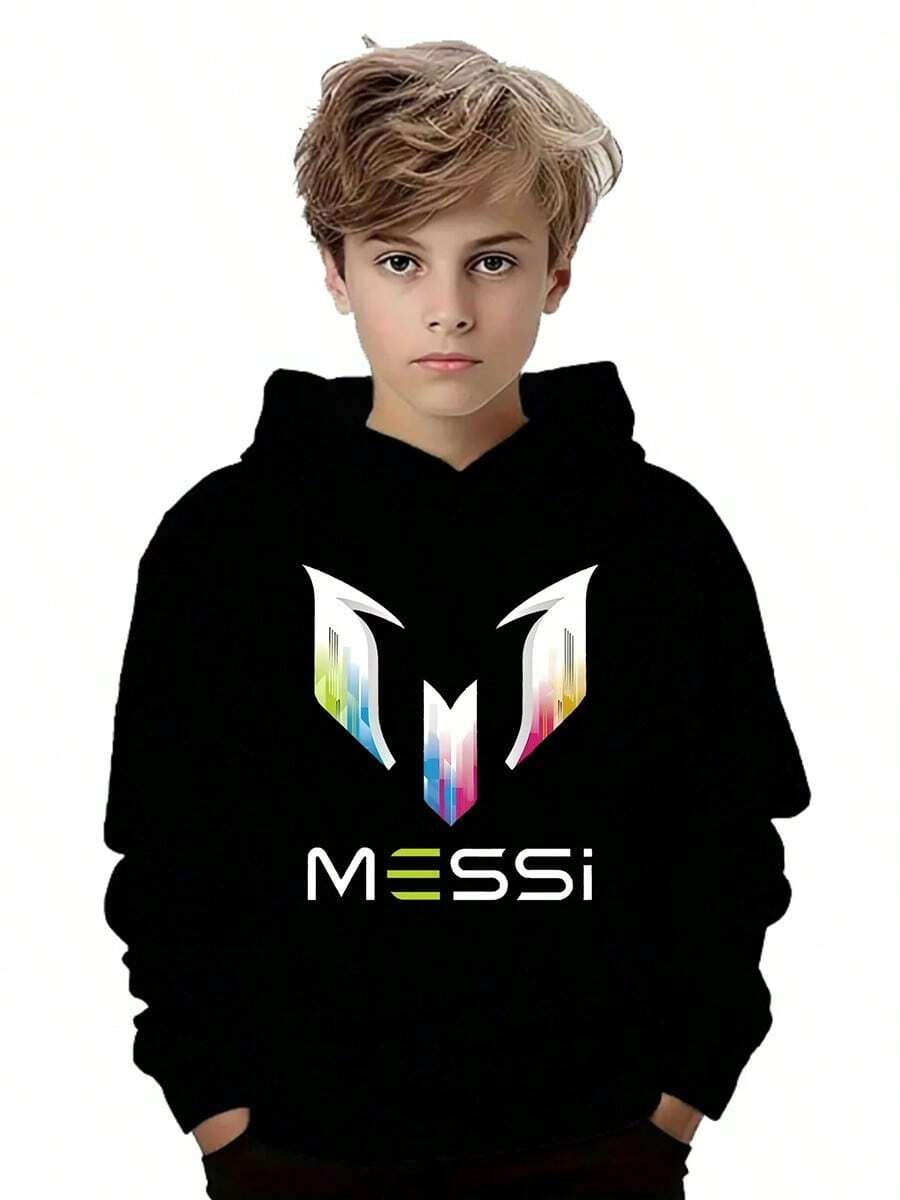 Boys Casual Hoodie With Messi Graphic Print - White Polyester Sweatshirt, Regular Fit, Back To School Gift For FallWinter, Sports-Themed Design, Casual Wear HoodieHoodiePolyester Hoodie Graphic Hoodies With Style Boys & Girls Christmas Outfits  Funny  Ideal For Christmas And Winter Fgift Printed & Shipped In USA - màu đen - Xem 1