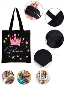 Sac en canevas personnalisé avec nom, sac fourre-tout personnalisable, nom ou texte personnalisable, pliable, grande capacité et léger, polyvalent et élégant, pour femmes, sac d'école/sac à dos pour le collège, cadeau idéal pour elle, femmes, petite amie, famille, amis, pour les anniversaires