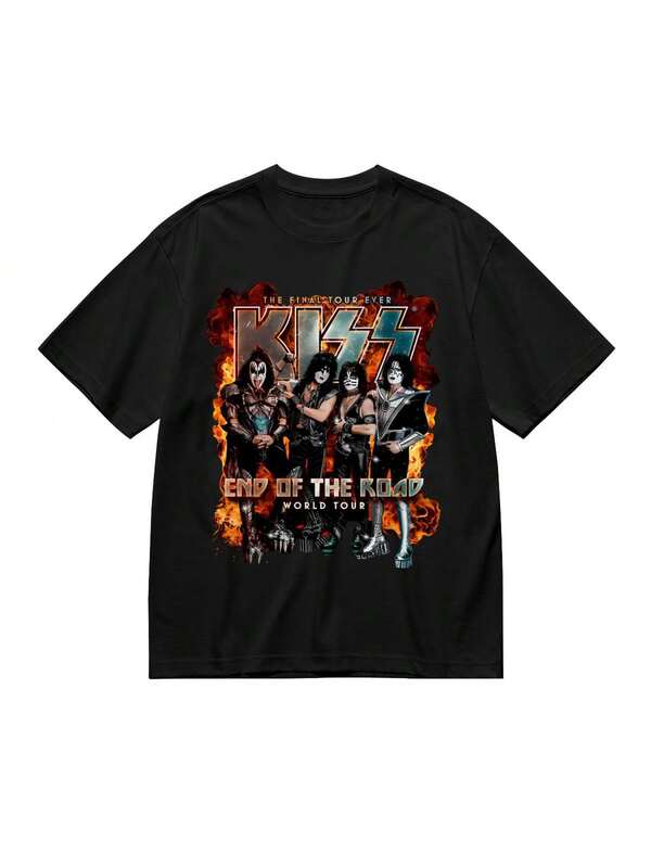 Camiseta para Hombre KISS End of Road -% Algodón, Cuello Redondo, Ajuste Regular Diseño de Llama Vibrante con Gráfico de Miembros de la Banda para Conciertos de Rock Casuales y al Aire Libre Lavable aáquina, Negro Ro