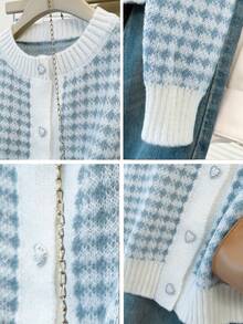 JIANHU 春季新款粉白格子心形纽扣毛衣开衫甜美少女风柔软复古长袖针织衫 - 新藍色 - 查看 9