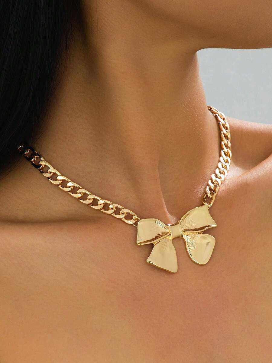 1pc Fashionable Minimalist Cute Bow Tie Necklace, Suitable For Women's Daily And Party Wear - Gold - View 1