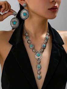 Bộ 3 món trang sức mặt dây chuyền và hoa tai khảm ngọc lam phong cách Boho cổ điển, họa tiết hoa chạm khắc, quyến rũ phương Tây để đeo hàng ngày - Bộ hình bầu dục cổ điển - Xem 1