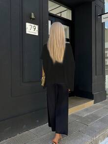 女款夏季純色鏤空蝙蝠袖短袖寬鬆披肩針織罩衫，涼爽海灘度假黑色 - 黑色 - 查看 11