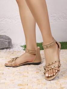 Buckle Rivet Flat Roman Sandals For Women, New Spring/Summer Bohemian Style Backless Strap Open Toe Shoes - Apricot - View 4