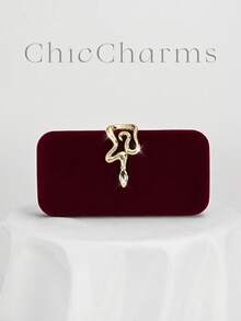 1 buah Tas Clutch Kecil Elegan Beludru Hitam, Tas Tangan Modis dengan Hiasan Rantai Berlian Imitasi dan Kunci Kepala Ular, Cocok untuk Gaun Malam, Acara Makan Malam Formal, Pernikahan, Pesta, Koktail, Hadiah untuk Wanita - Burgundy - View 9