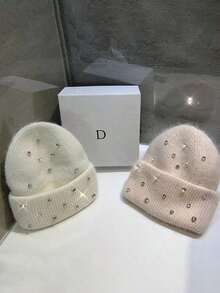 1pc Heavy Sequin Accent Rabbit Fur Knitted Hat Women, Warm & Thick, Fashion & Versatile, Autumn/Winter - 彩色 - 查看 2