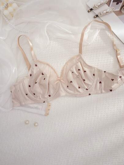 1件装女士纯色爱心印花钢圈舒适大码文胸