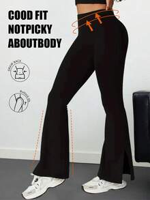 1 chiếc quần ống loe cạp cao dáng suông dành cho nữ, thiết kế xẻ tà bên hông cá tính, quần dài ôm sát mỏng nhẹ, quần legging thể thao tập thể dục yoga, quần ống rộng cạp cao ôm sát dáng suông, kiểu dáng ôm sát và co giãn, gấu quần xẻ độc đáo - Màu đen trơn, chất liệu polyester, có thể giặt tay/máy - Quần ống loe đa năng cho mọi mùa. - màu đen - Xem 2