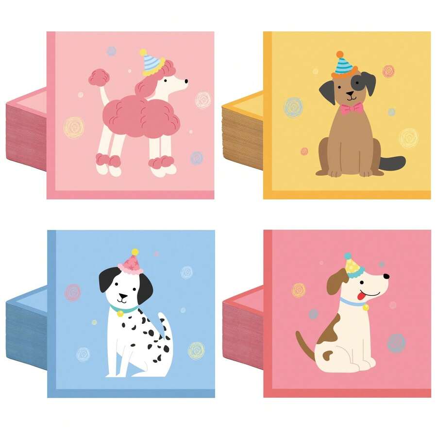 20张/40张/60张装，宠物狗生日派对用品，双层小狗图案鸡尾酒纸巾，复古小狗主题纸巾，6.5x6.5英寸复古小狗脸一次性餐巾纸，适用于生日、新生儿洗礼、生日派对餐桌装饰等派对用品。 - 彩色 - 查看 1