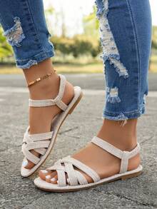 女士新款圆头套脚平底拖鞋，简约搭扣平底凉鞋，时尚简约平底凉鞋，舒适休闲旅行沙滩鞋，有白色、棕色、黑色、豹纹、花卉图案可选 - 米色 - 查看 5