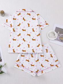 两件套可爱腊肠犬和爱心印花女士睡衣套装，浪漫情人节礼物，长袖翻领开衫上衣和松紧腰裤，女士休闲睡衣和家居服，春夏款 - 白色 - 查看 2