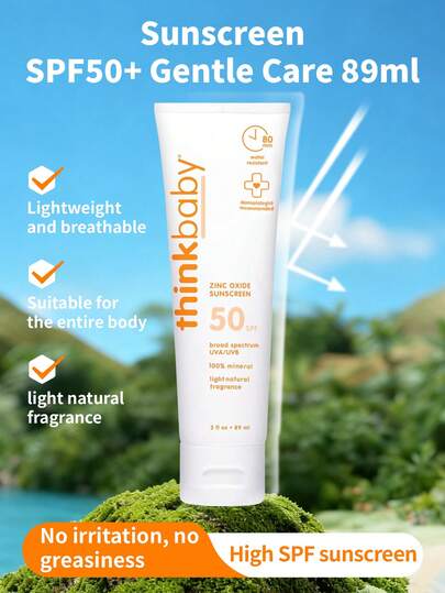  Thinkbaby solskyddsmedel med brett spektrum och högt skydd för barn, 1 flaska, 89 ml, SPF50+, fysikalisk formula av zinkoxid, vatten- och svettresistent i 80 minuter, för spädbarn från 6 månader och daglig användning utomhus