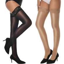 Medias altas transparentes brillantes hasta el muslo, 2 pares de medias de lencera sedosas para mujer con encaje de silicona Stay - CH-M + 1 Par Natural, 1 Par negro - Ver 8