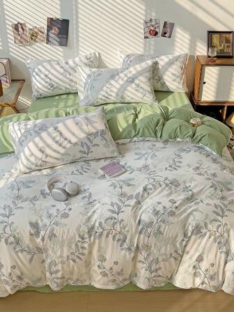 Simple Botanical Pattern Bedding Set, Soft & Comfortable Bedroom Linens Including 1 Duvet Cover, 1 Bed Sheet, 2 Pillowcases, No Filling, Suitable For Bedroom, Dorm, Home Use, Multiple Sizes Available