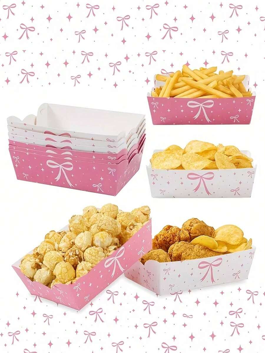 6/12个装，粉色蝴蝶结纸托盘，粉白蝴蝶结主题派对爆米花托盘，生日派对装饰，婴儿派对用品，婚礼新娘派对装饰，周年纪念派对餐桌装饰，活动派对装饰托盘，非食品接触，活动