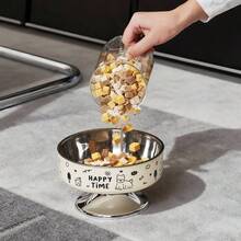 宠物猫狗印花电镀银底高效防颈伤防滑防溢大容量喂食碗，配有不锈钢碗身，符合人体工学设计，方便狗狗进食，可清洗。