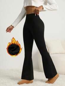 Women's Black High Stretch Fuzzy Warm Lined Flare Leg Long Pants - Black - View 5