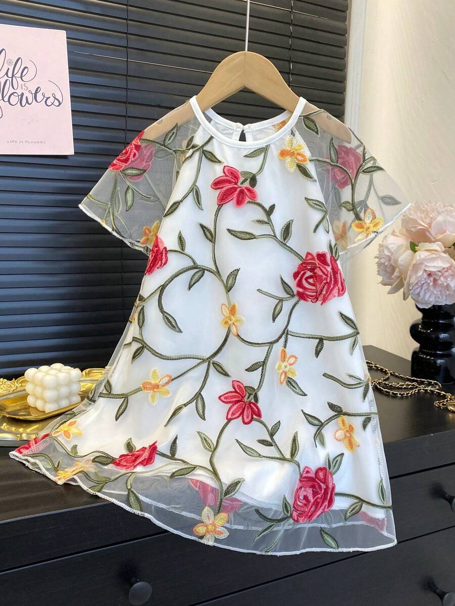 Girls Fashionable Floral Embroidered Tulle Princess Dress, Summer - White - View 1