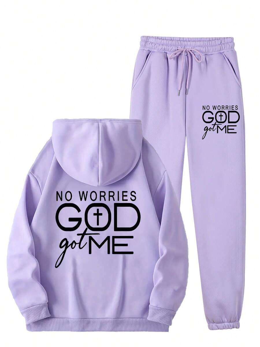 Women'S Fleece-Lined Hoodie & Printed Sweatpants Set , Machine Washable, Pocket Detail, Comfortable Warm  Women'S Fleece-Lined Hoodie & Printed Sweatpants Set - Oversized V-Napkin Hoodie With "NO WORRIES GOD GOT ME" Print, Fleece-Lined Pants, Machine Washable Winter Warmth, Pocket Detail, Cozy Casual Outfit For Fall/Winter, Faith-Inspired Casual Wear  Conjunto Deportivo Sport Outfit Women  Athletic Sets Women  Women's Winter Clothing Of Women's Winter Clothing Women's Winter Fashion Women's Winter Promotion Of Women's Winter Clothing Christmas  Ugly Christmas Sweater Women Curve - 紫色 - 查看 1
