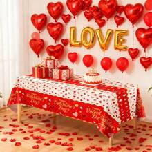 4-Piece Set/1 Red Heart Party Tablecloth, Valentine's Day Decoration 54x108 Inches, Valentine's Day Party Supplies, Disposable Plastic, Birthday, Proposal, Bridal Party, Restaurant Party Decoration - Red - View 1
