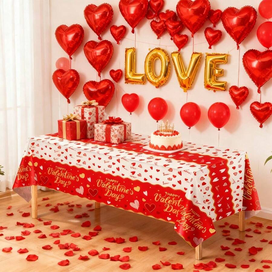 4-Piece Set/1 Red Heart Party Tablecloth, Valentine's Day Decoration 54x108 Inches, Valentine's Day Party Supplies, Disposable Plastic, Birthday, Proposal, Bridal Party, Restaurant Party Decoration - Red - View 1