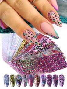 Giấy dán móng tay họa tiết da báo nhiều màu sắc, 10 miếng hình báo đốm, giấy dán chuyển hình động vật da báo màu hồng nâu, giấy dán móng tay họa tiết da động vật hoang dã, giấy dán móng tay tự làm họa tiết bầu trời sao, dụng cụ làm móng. - Nhiều màu - Xem 1