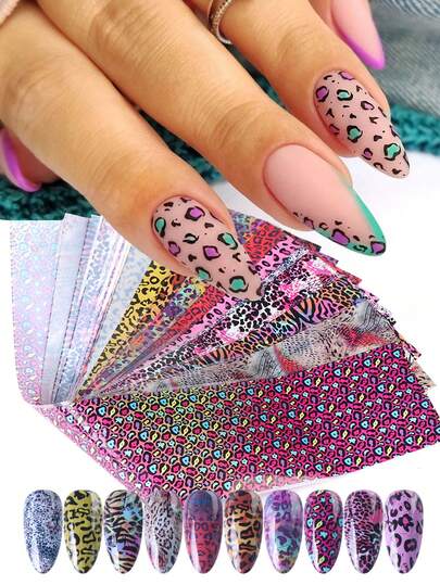 10 piezas de láminas de arte de uñas con estampados de leopardo de colores, láminas de transferencia de animales leopardo y cheetah de color rosa y marrón para decoración de uñas, suministros de manicura con diseño de cielo estrellado