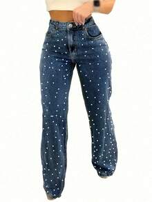 Women's Multi-Pocket Straight Jeans With Pearl Design, Women's Casual And Versatile Jeans Pantalones De Mujer Jean - 藏蓝色 - 查看 5