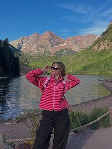 Womens Winter Fleece Jacket Casual Stylish Striped Zip Up Lapel Neck Long Sleeve Coat - 粉色 - 查看 5