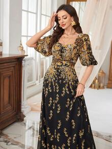 SUPGIR Women's [Random Cut] Square-Neck Bubble Sleeve Narrow Waist All Over Print Chiffon Temperament Formal Evening Dress - Black - View 7